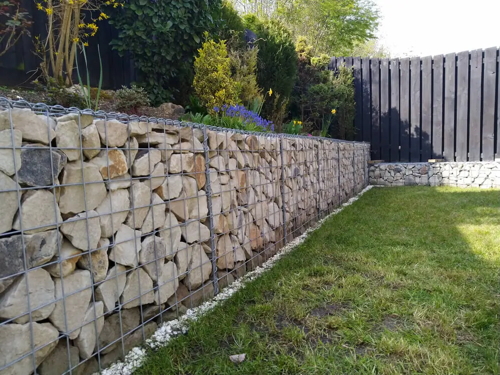 Gabion Retaining Walls by Retaining Walls Tauranga, featuring light stone-filled mesh cages used to support a landscaped garden edge in a backyard.