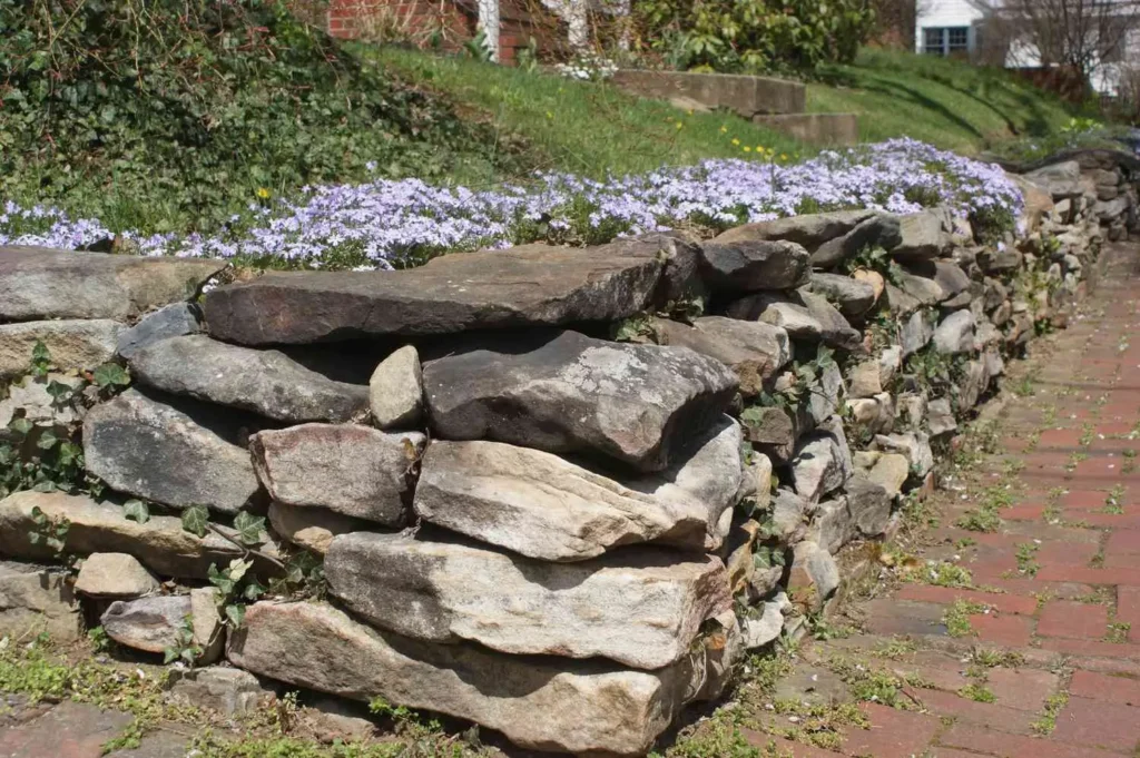 Stone Retaining Walls by Retaining Walls Tauranga, built with stacked natural rocks to edge a flower garden beside a brick pathway.